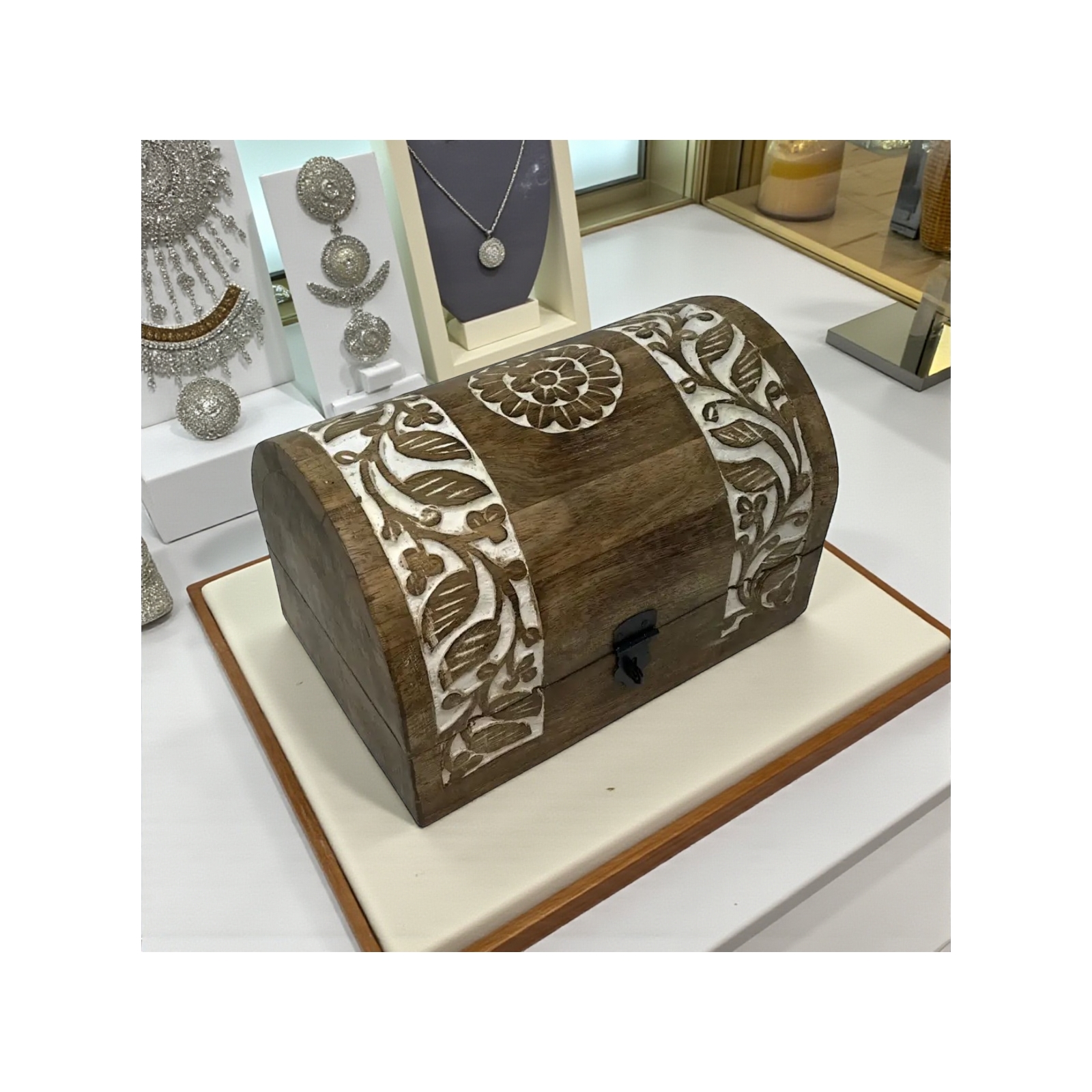 Beanstalk Half-Round Carved Box-White Wash